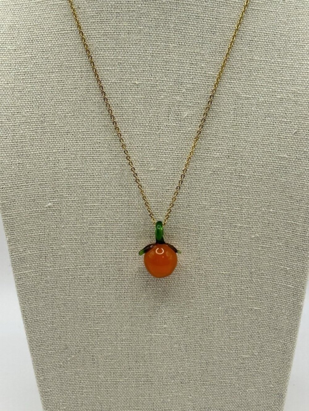 Glass Orange Fruit Pendant Necklace Gold Tone Chain 18” Cute Kawaii Florida Fun
